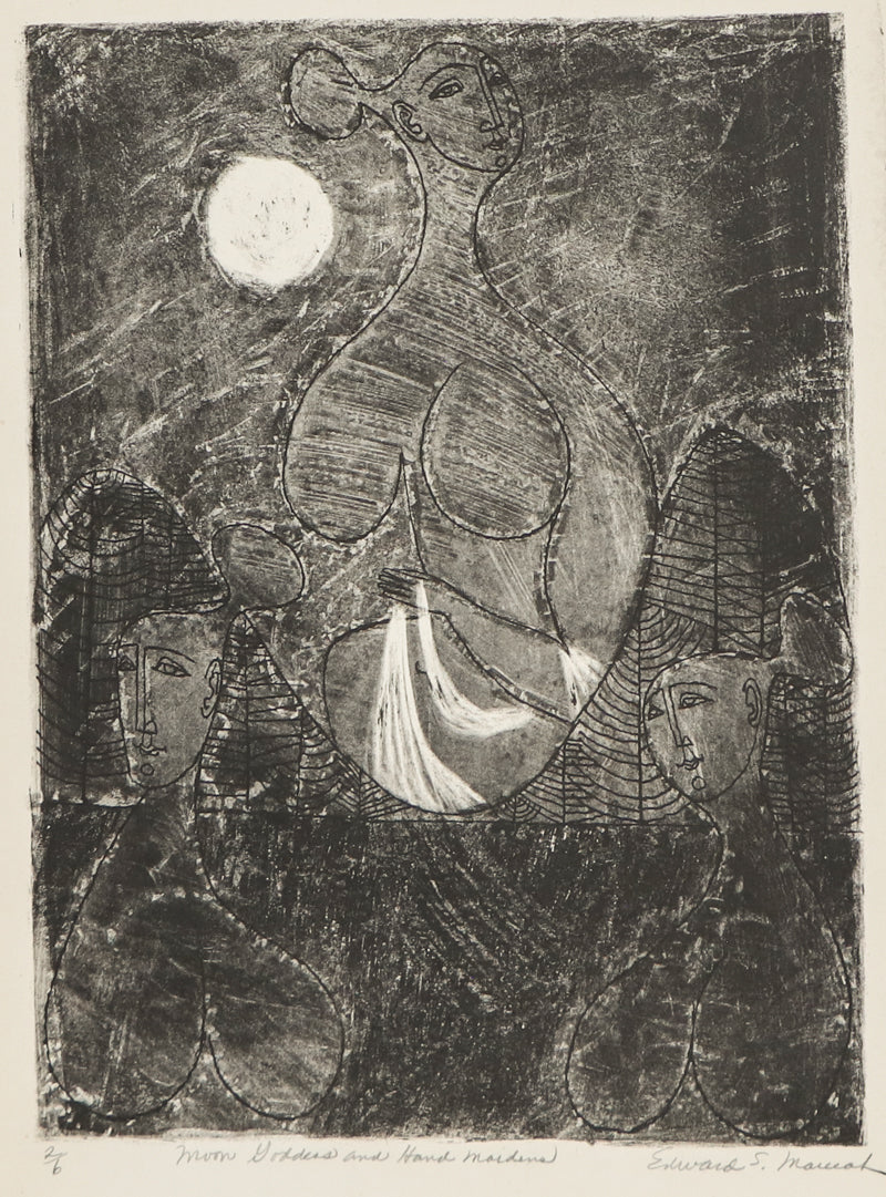 Edward Marecak, Moon Goddess and Hand Maidens, Lithograph Print, vintage, art, for sale, purchase, denver, modern, abstract