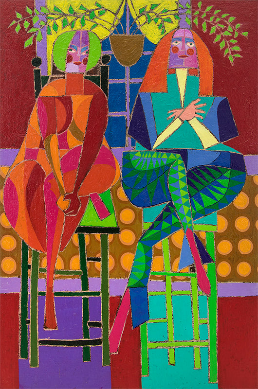 Edward Marecak, Two Mysterious Ladies Trying To Out-Mystify Each Other #1, Oil Painting, 1970, vintage, art, for sale, purchase, denver, modern, abstract