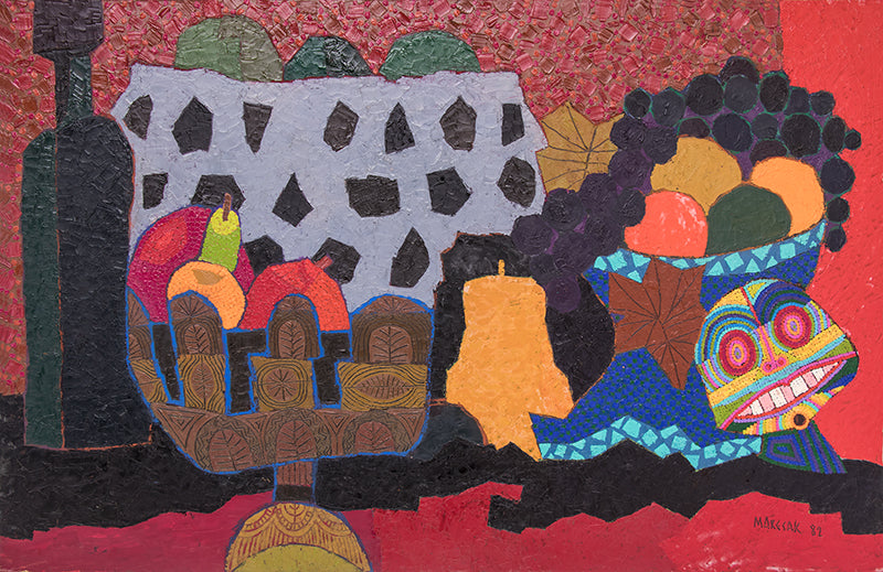 Edward Marecak, Still Life (with Fruit and Mask), Oil Painting, 1982, vintage, art, for sale, purchase, denver, modern, abstract