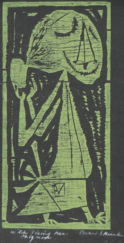 Edward Marecak, Witch Fixing Her Hair, Woodcut (Woodblock) Print, vintage, art, for sale, purchase, denver, modern, abstract