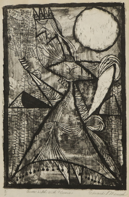 Edward Marecak, Queen With Flowers, Lithograph Print, circa 1940 - 1970, vintage, art, for sale, purchase, denver, modern, abstract